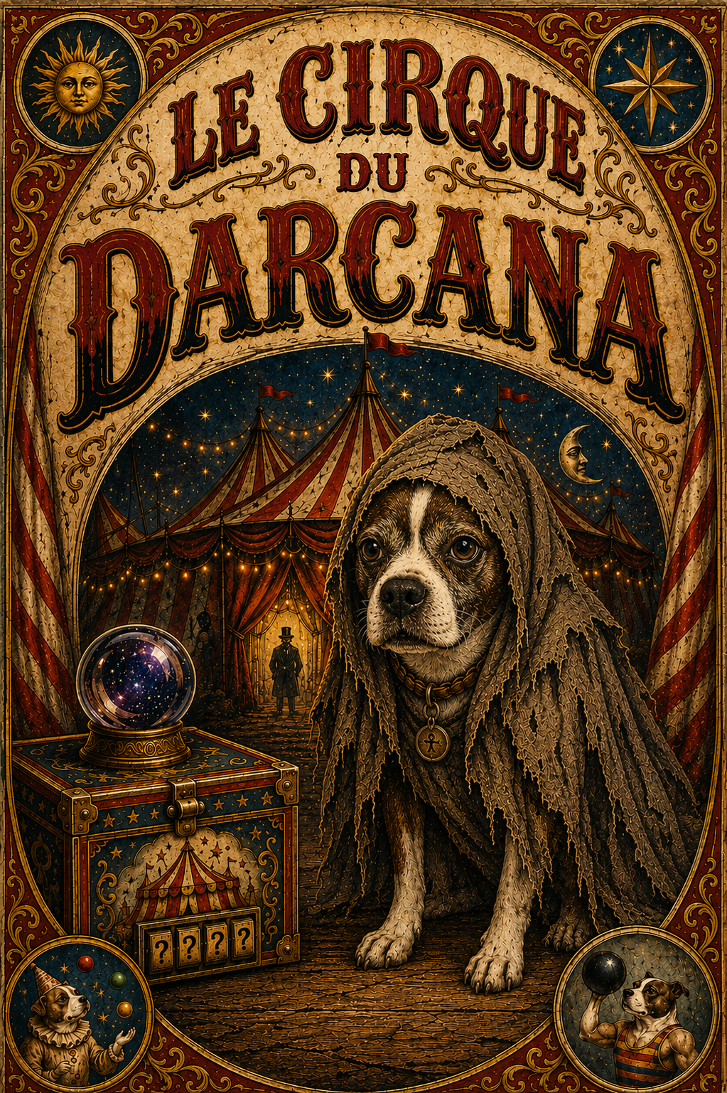 A cloaked circus dog beside a crystal ball and lockbox