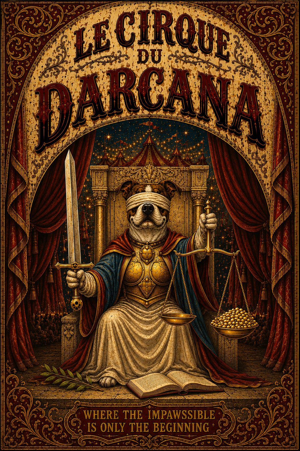 A Darcana justice performer seated with sword and scales